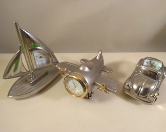 Vintage miniature metal silver, gold colored  - clock set of 3 pcs, as found, car, boat, ship  airplane