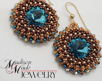 Stardust Earrings, PDF beading tutorial, beadweaving pattern, beadwoven, rivoli, seed beads, bicone, dangle earring