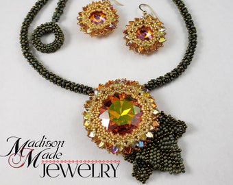 Blossoming Rivoli Necklace & Earrings kit, with PDF pattern, dragon scales and seed beads