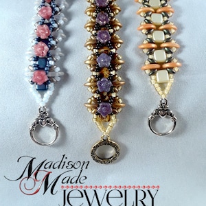 May include: Three beaded bracelets featuring different coloured beads and decorative clasps. The bracelets are crafted with a range of beads, including flowers, squares, and round beads. The clasps are silver and gold.