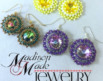 3-Way Rivoli Earrings, PDF beading tutorial, beadweaving pattern, beadwoven, rivoli, seed beads, How to tutorial, Advanced beginner