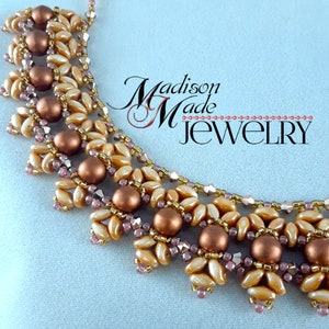 May include: A gold and brown beaded necklace with a delicate, intricate design. The necklace is made with small, round beads and features a repeating pattern of flower-like shapes. The necklace is a statement piece that would add a touch of elegance to any outfit.