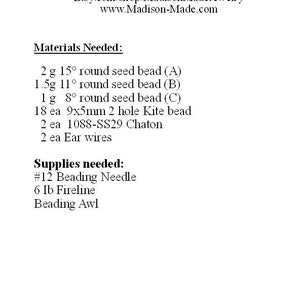 May include: A white page with the title "Trinket Earrings" and the designer's name and website. The page lists materials needed, including seed beads, kite beads, and ear wires. Supplies needed include a beading needle, Fireline, and a beading awl.