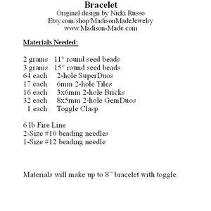 May include: A white paper with the title "Diamond Fleur-de-Lis Bracelet" and a list of materials needed to make the bracelet. The list includes seed beads, tiles, bricks, GemDuos, a toggle clasp, fire line, and beading needles.