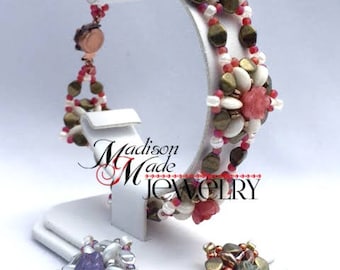Ring Around the Rosie Bracelet, PDF beading tutorial, beadweaving pattern, Advanced Beginner, Pinch beads, lentil, button flower, rondelles