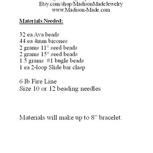 May include: A list of materials needed to make a Party Points Bracelet, including Ava beads, bicones, seed beads, bugle beads, a slide bar clasp, Fire Line, and beading needles. The materials will make an 8-inch bracelet.