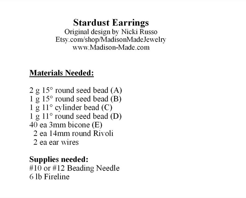 Puede incluir: Una lista de materiales y suministros necesarios para hacer aretes Stardust. La lista incluye cuentas de semillas, cuentas cil&iacute;ndricas, cuentas bic&oacute;nicas, cuentas Rivoli, alambres para orejas, agujas para cuentas y hilo Fireline.