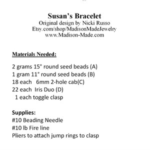Susan's Bracelet, PDF beading tutorial, beadweaving pattern, beadwoven, Iris duo, seed beads, 2 hole cab image 4