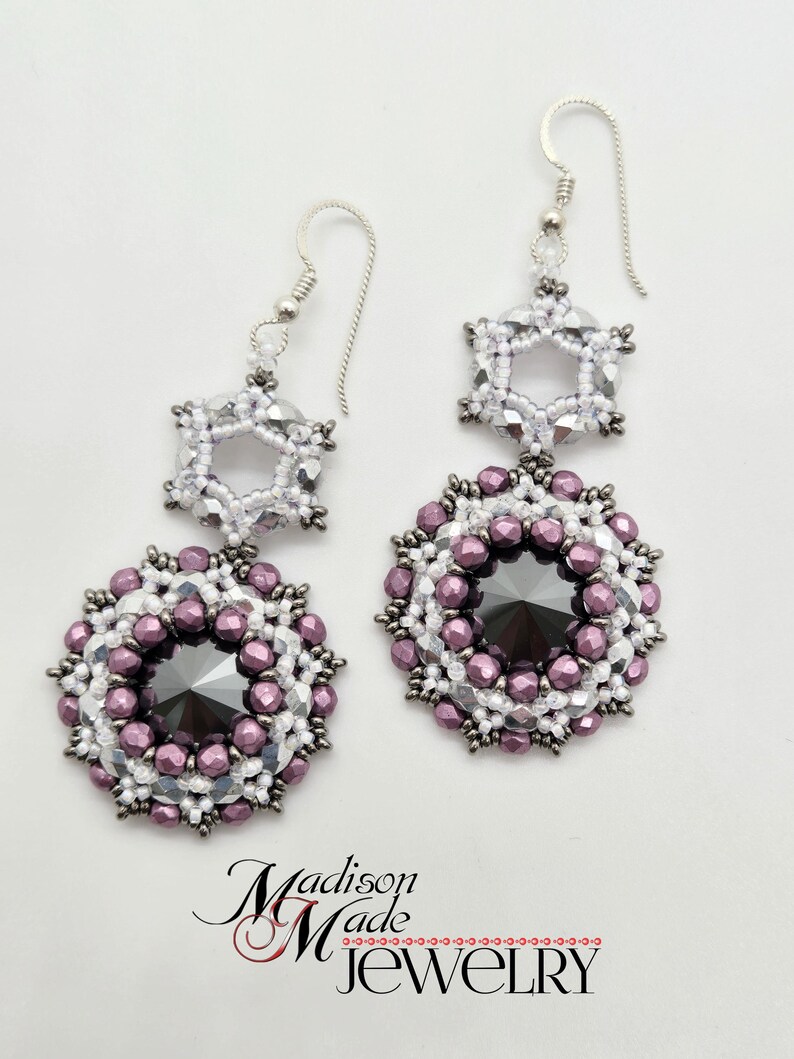 Polished Rivoli Earrings, PDF beading tutorial, beadweaving pattern, beadwoven, rivoli, seed beads, How to tutorial, Advanced beginner, demi image 1