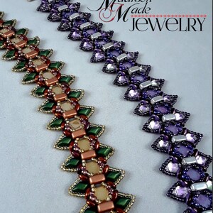 May include: Two beaded bracelets in a zig-zag pattern. One bracelet features green, gold, and brown beads. The other bracelet is purple and silver. The bracelets are handmade and the text "Madison Made Jewelry" is in the background.