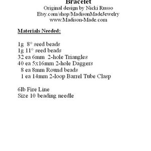 May include: Materials needed for an Arching Daggers Bracelet jewelry project, including seed beads, triangles, daggers, round beads, a barrel tube clasp, fire line, and a beading needle. Original design by Nicki Russo. Etsy.com/shop/MadisonMadeJewelry www.Madison-Made.com