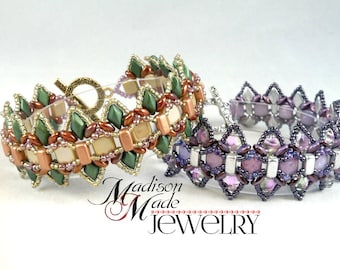 Pulsera de flor de lis de diamantes, para principiantes avanzados, tutorial de abalorios en PDF, patrón de tejido de abalorios, ladrillo y azulejo de 2 agujeros, Gemduo, cuentas Superduo