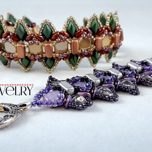 May include: Two beaded bracelets. One is a wide bracelet with green, brown, and beige beads. The other is a long, purple beaded necklace with a silver clasp. The bracelets are handmade jewelry.