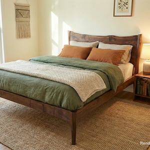 Black Walnut Platform Bed  - Mid Century Modern - Live Edge Headboard - Bed Frame