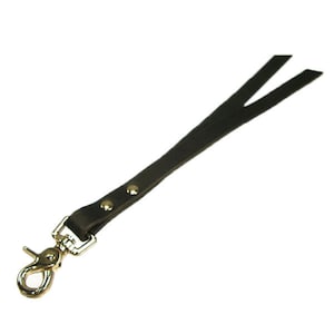 May include: A black leather leash with a gold metal snap hook. The leash has a Y-shaped design at the end.