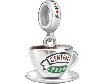 TV-programväns berlock "Central Perk kaffekopp" i silver S925 och emalj, passar till europeiska armband, fotlänkar och halsband.