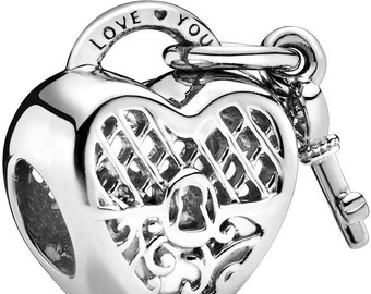 Love you - Locket & Key Charm/Bead/Pendant in Sterling Silver, Compatible with all European style Charm Bracelets and Necklaces.