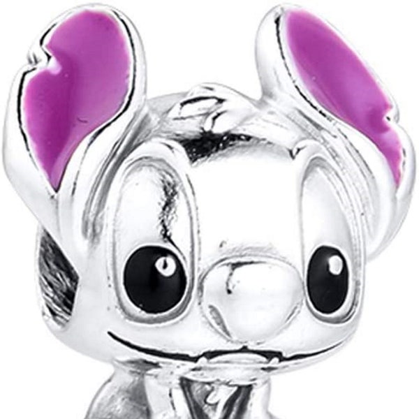 Lilo et Stitch avec oreilles émaillées roses Charm / Perle en Argent Massif, Compatible avec tous les bracelets et colliers porte-bonheur de style européen.