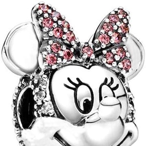 PAVE Minnie Mouse Charm/kraal en clip met roze kristallen in massief zilver, compatibel met alle merken bedelarmbanden in Europese stijl