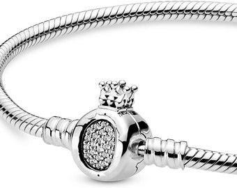 Crown O clasp Snake Chain Charm Bracelet in Sterling Silver, Compatible with European style Beads, Charms and Clips, UK Seller
