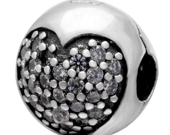 Pair of Sterling Silver Clear Crystal Heart Charm/Clips/Stoppers. Universally Compatible with all makes of European Style Charm Bracelets