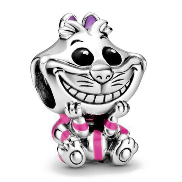 Breloque/perle ou pendentif chat du Cheshire en argent sterling 925 et émail, compatible avec tous les bracelets et colliers à breloques de style européen.