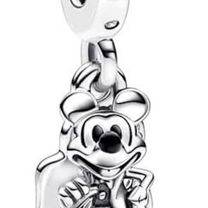 May include: Silver charm featuring Mickey Mouse in a purple and white outfit. The charm has a silver loop for attaching to a bracelet or necklace.