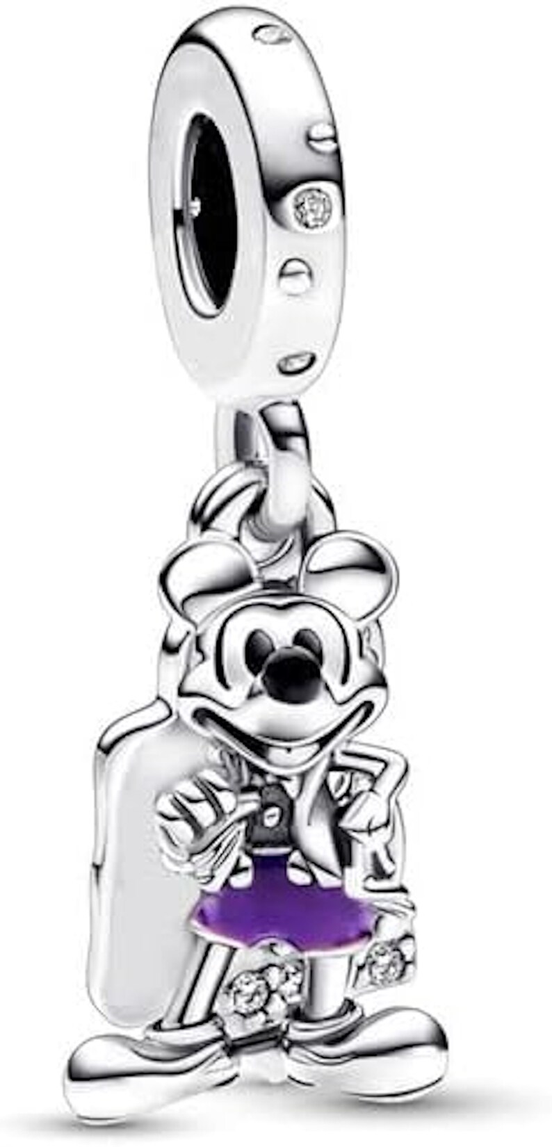 May include: Silver charm featuring Mickey Mouse in a purple and white outfit. The charm has a silver loop for attaching to a bracelet or necklace.