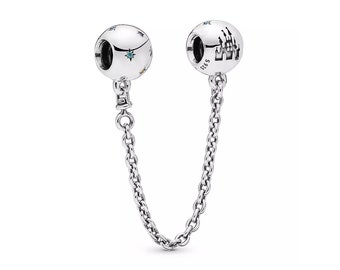 Cadena de seguridad con castillo de fantasía de auténtica plata de ley y cristales, compatible con todas las pulseras, tobilleras y collares de estilo europeo.