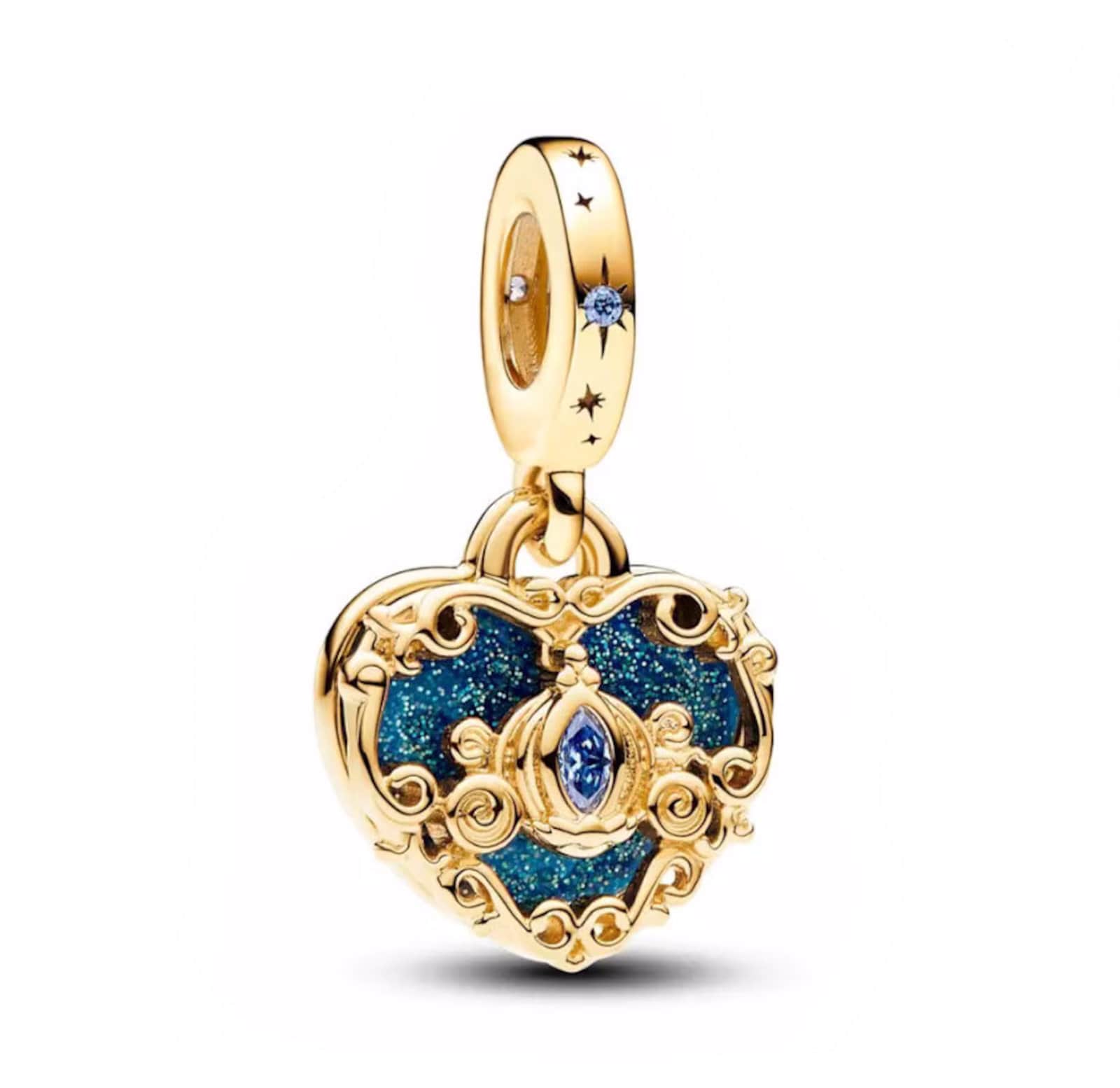 Cinderella's Carriage & Heart Double Dangle Charm in Silver S925, Compatible with all European style Charm Bracelets, necklaces and Anklets