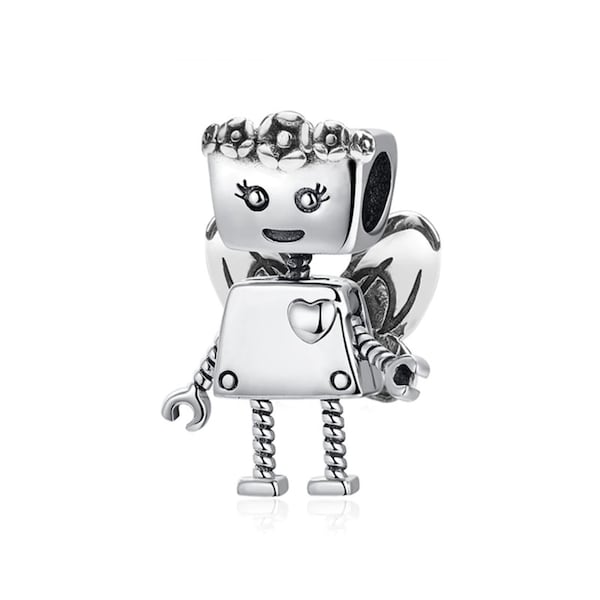 Sterling Silver Robot Girl Flower Fairy Bead/Charm/Pendant, Universally Compatible with all makes of European Style Charm Bracelet/Necklaces