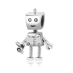 May include: Silver charm in the shape of a robot holding a rose. The robot has a square head with a smiling face and a small antenna on top. The robot's arms and legs are made of metal and have a mechanical look.