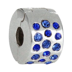 Pair of Sterling Silver Clip and Lock &#39;Glamour&#39; Blue Austrian Crystal Charm Clips/Stoppers. Compatible with known makes of Charm Bracelets
