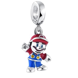 Super Mario Anhänger handgefertigt aus Sterling Silber und farbiger Emaille, Kompatibel mit Bettelarmbändern und Ketten im europäischen Stil