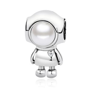 Sterling Silver Astronaut / Cosmo Bead/Charm/Pendant, with full face Pearl, Compatible with all makes of European Charm Bracelets/Necklaces