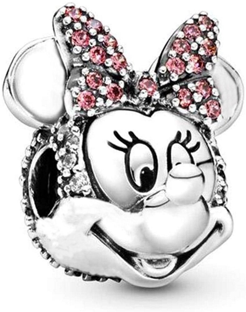 PAVE Minnie Mouse Berlock/Pärla och Klämma med Rosa Kristaller i Massivt Silver, Kompatibel med alla märken av europeiska berlockarmband bild 1