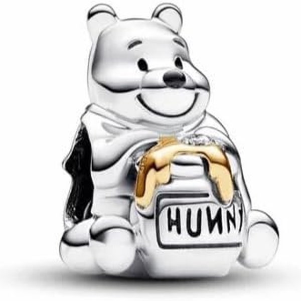 100th Anniversary Winnie the Pooh with Honey jar Charm in Sterling Silver, Compatible with all European style Charm Bracelets and Necklaces