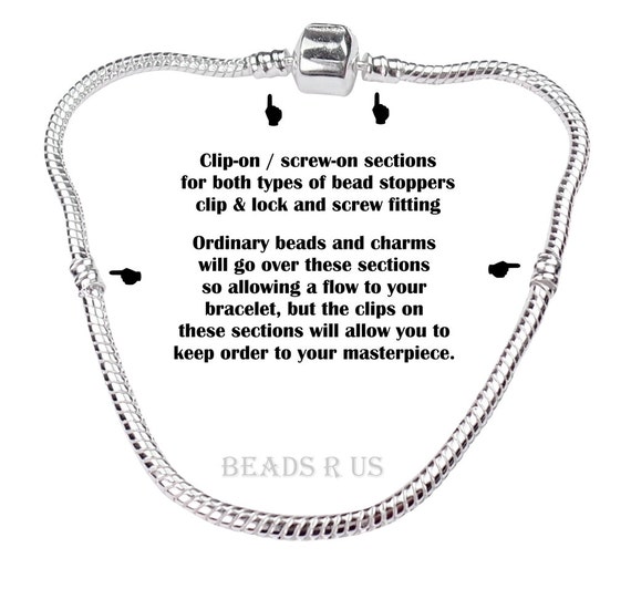 Bracciale in argento sterling con catena a forma di serpente con chiusura a scatto in 10 misure, da 16 cm a 25 cm. Compatibile con tutte le perline, i ciondoli e le
