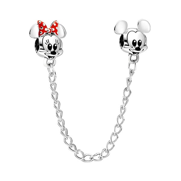 Chaîne de sécurité Mickey et Minnie Mouse en argent sterling poinçonné S925 compatible avec tous les bracelets à breloques, colliers et bracelets de cheville de style européen