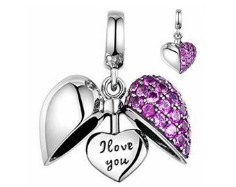 Sterling Silver 'I love you' Heart Charm or Pendant with beautiful Pink Crystals, Compatible with all European style Charm Bracelets.