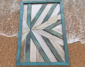 Shipwreck- wood mosaic- reclaimed wood art- nautical- beachy- wall decor- geometric- patina- teal