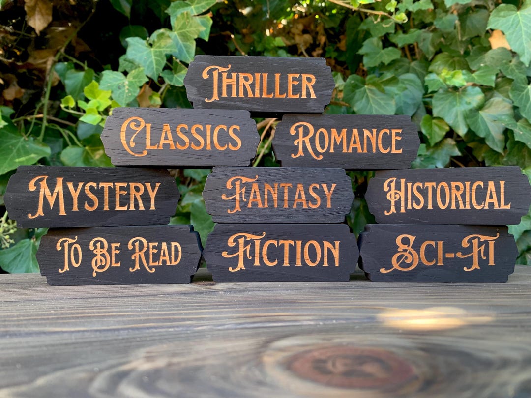 Book Genre signs-gifts for book lovers- book shelf decor- categories- dark academia- vintage- Victorian- book categories- home library sign