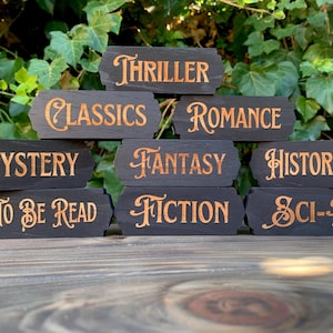 Book Genre signs-gifts for book lovers- book shelf decor- categories- dark academia- vintage- Victorian- book categories- home library sign