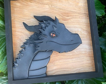 black dragon wood art- tairn- fourth wing inspired art- fantasy book lover- dragon art- dragon decor- scroll saw art- wooden dragon