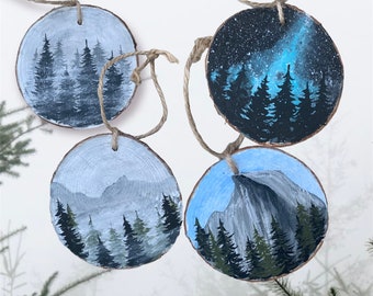 Wood slice ornaments- trees and mountains- hand painted- galaxy- half dome- Yosemite- National park-woodsy