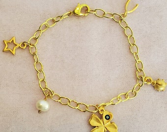 Sterling Chain Bracelet Dipped in 14 Carrot Gold With Charms