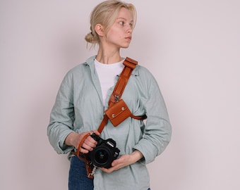 Camera Shoulder Strap with Pockets Leather Camera Sling for One Camera Utility Leather Camera Harness Camera Accesorries For Women Men