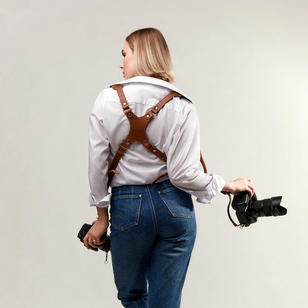 Camera Skinny Harness for Two-Cameras New Design Skinny Version, Dual Shoulder Leather Strap – Multi Camera Gear brown fits most camera