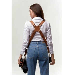 Camera Harness Leather Strap Two-Cameras, Dual Shoulder Strap Multi Camera Gear brown fits most camera Coiro image 1