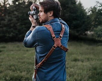 Arnés doble de cuero hecho a mano para cámara: Correa acolchada para cámara DSLR